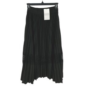NWT Ninexis Black Pleated Midi Skirt Lace Trim Elastic Waist Women One Size‎ Y2K